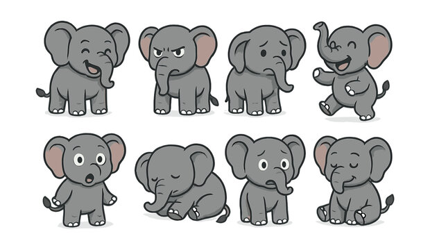 Adorable elephant emotions icon set: expressive and playful designs for creative projects. Vector icons