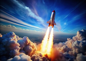 Sleek Rocket Launch: Fiery Ascent into Dynamic Sky - Exploration & Adventure Stock Photo
