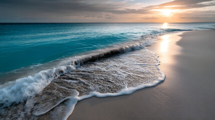 A tranquil white sand beach with gentle waves lapping against the shore and an infinite horizon under the soft light of a setting sun.
