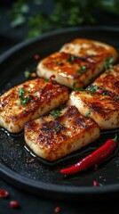 Grilled halloumi cheese served on a black plate garnished with herbs and red chili