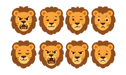 Obraz premium Lion emotions icons set: expressive faces in for creative projects. Vector icons