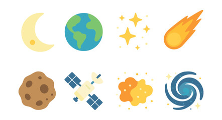 Celestial icon set: moon, earth, stars, meteor, asteroid, satellite, galaxy, nebula - flat style. Vector icons
