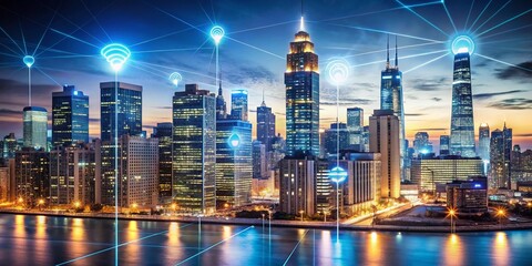 Smart City Chicago Nightscape: IoT Devices Over Skyline