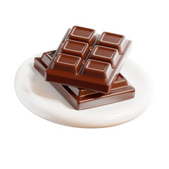 3D render of stacked chocolate bars on a white plate, showcasing smooth, glossy chocolate squares. The transparent background makes it ideal for various food-related design projects and digital conten