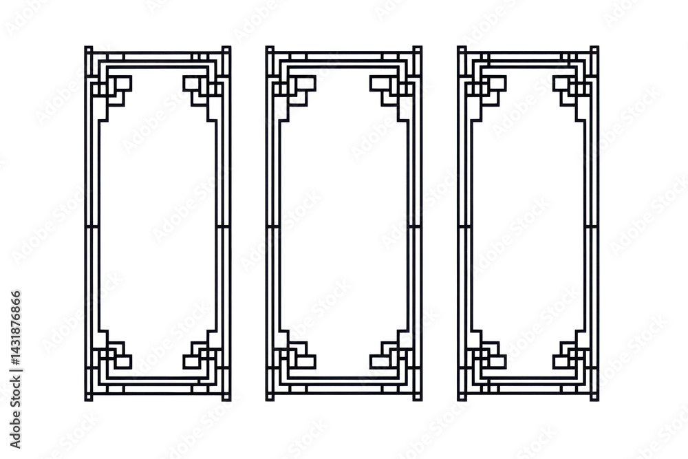 Poster three decorative dark frames with geometric designs are aligned in a symmetrical pattern