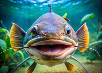 Naklejka premium Smiling Catfish Portrait, Close-up Fish Face, Underwater Wildlife, Aquatic Animal Photography, Funny Fish Expression