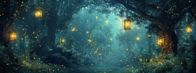 Enchanted forest scene illuminated by lanterns and fireflies, evoking a magical atmosphere.