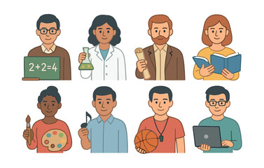 Diverse teacher and subject icon set – for educational projects. Vector icons