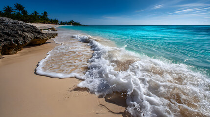 Fototapeta premium A tropical beach with crystal clear water and golden sand, where soft waves gently crash against the shore in a peaceful and relaxing atmosphere.