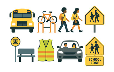 School commute icons set - flat style for safe travels and education awareness. Vector icons