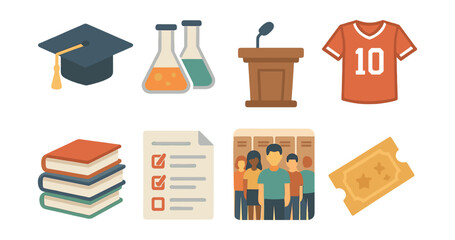 High school essentials icons set: education, science, sports, and more in flat style. Vector icons