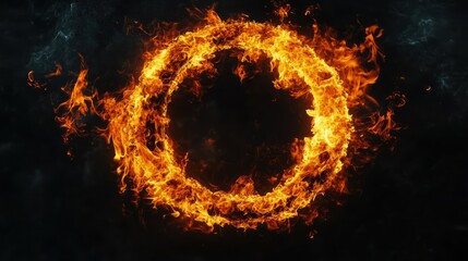 Fiery ring ablaze, dark background, energy, design element