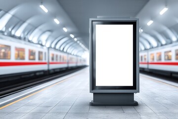 Subway Station Advertisement Billboard - Blank advertising billboard in subway station with trains in background, ready for your design