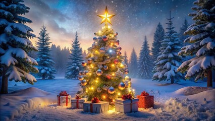 Snowy Forest Christmas Tree, Glowing Lights, Presents, Winter Wonderland