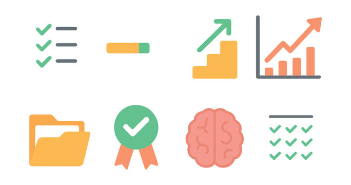 Learning progress icons set: tracking and achieving goals in education. Vector icons
