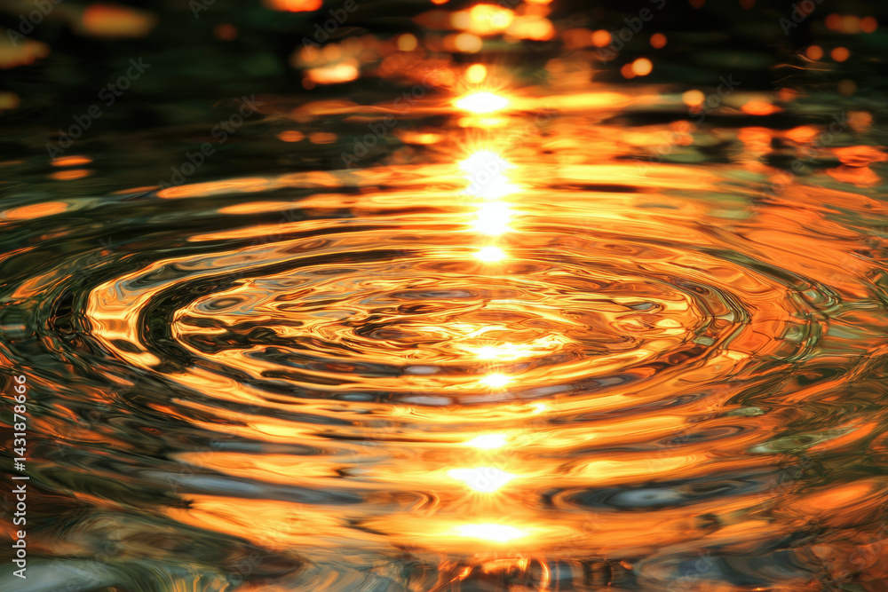 Poster golden sunset reflected on water, creating mesmerizing concentric ripples and shimmering light.