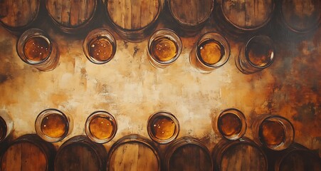 beer with a wooden barrel white mugs and a glass of golden yellow-colored beer on the table