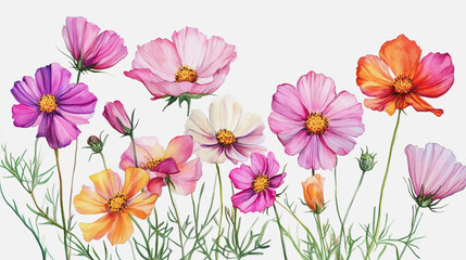 Naklejka premium Elegant wedding invitation card background . Minimal hand painted watercolor Cosmos flowers texture template background. Design for wedding, vip cover, poster, rsvp moderncard.Valentine's Day