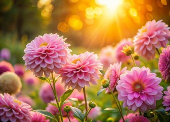 Fototapeta premium Soft Pink Flowers Blooming in a Lush Garden at Sunset - Rule of Thirds Composition