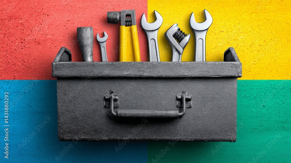 Aufkleber tools in a metal toolbox - a black metal toolbox with various hand tools sits against a colorful bac