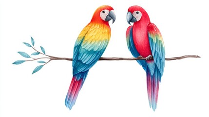 Obraz premium Two Macaws on a Branch - Two vibrant macaws perched on a branch, one predominantly red, the other a mix of red, yellow, and blue. Watercolor