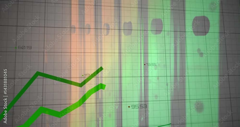 Poster displaying faint financial chart on screen with grid, showing green zigzag graphs and colored bars