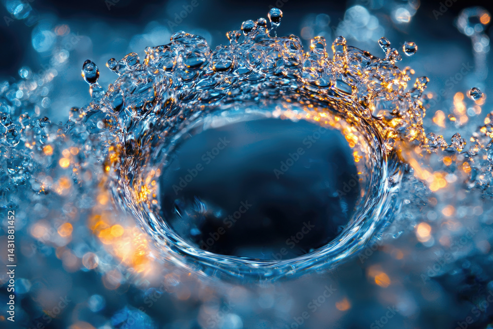 Poster a mesmerizing close-up of water droplets forming a captivating circular splash, illuminated by warm 