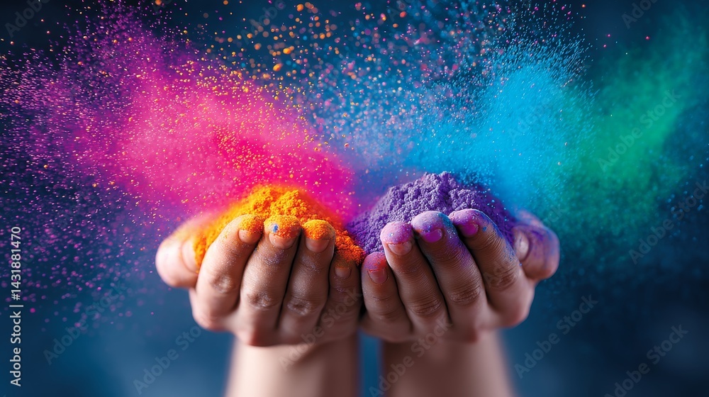 Poster vibrant colors exploding from hands - hands cupped with colorful powder, vibrant hues exploding, cre