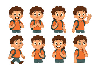 Fototapeta premium First day emotions icons set: cute boy expressing various feelings in flat style. Vector icons