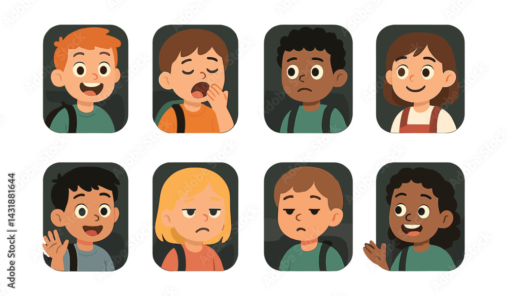 Poster school bus emotions icon set: flat style with varied child expressions. vector icons