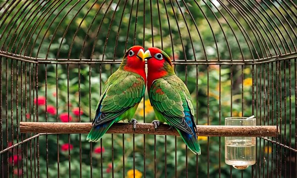 Two vibrant birds perched together inside a cage, surrounded by a soft floral backdrop