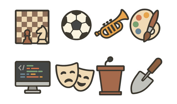 Diverse extracurricular activities icons set: sports, arts, music, technology, and more. Vector icons