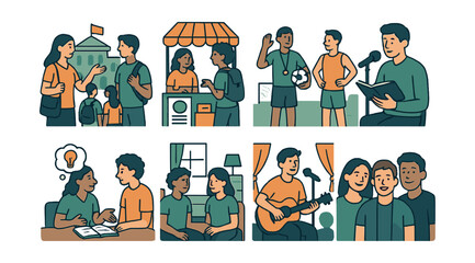 Fototapeta premium Dynamic campus life icons set – engage with student activities and interactions in a flat style. Vector icons