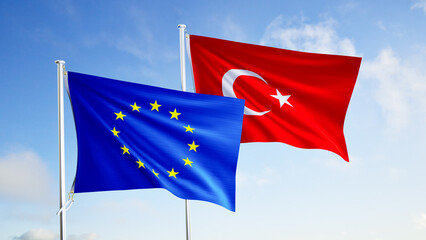 flags of turkey and european union over blue sky background.