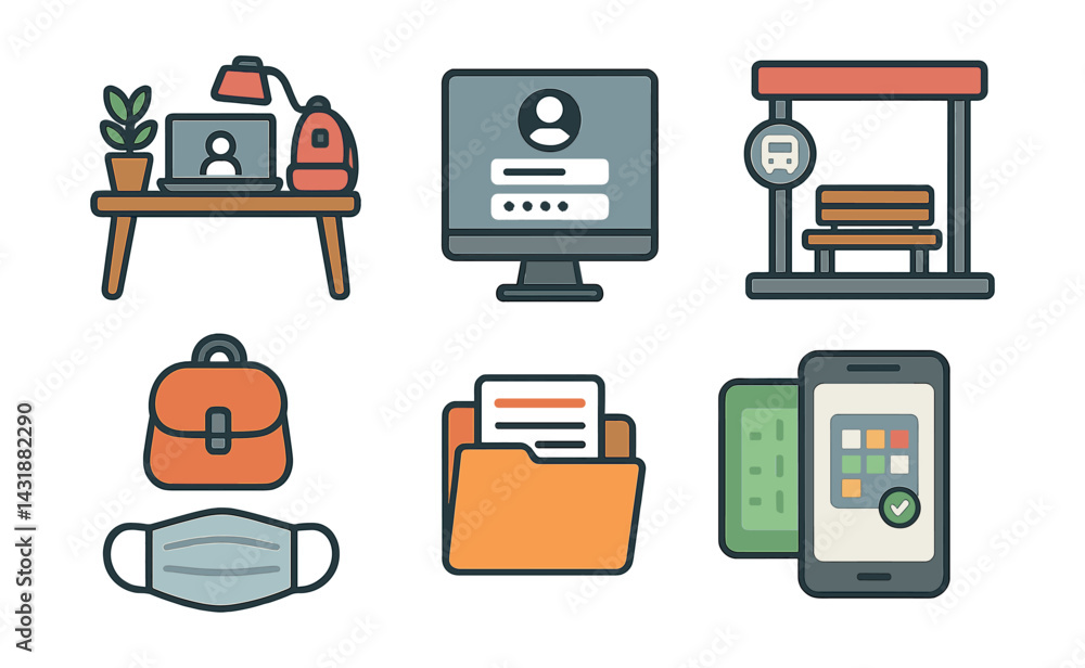 Poster hybrid study icons set: essential tools for modern learning environments in flat style. vector icons