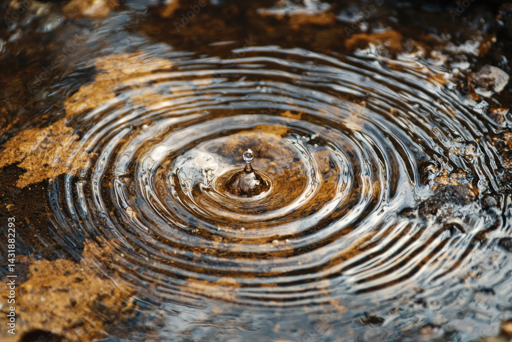 Poster a single water drop creates concentric ripples in a puddle on a muddy ground.