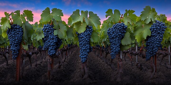 A Bountiful Grapevine Harvest Thrives Under a Dramatic Evening Sky in the Expansive