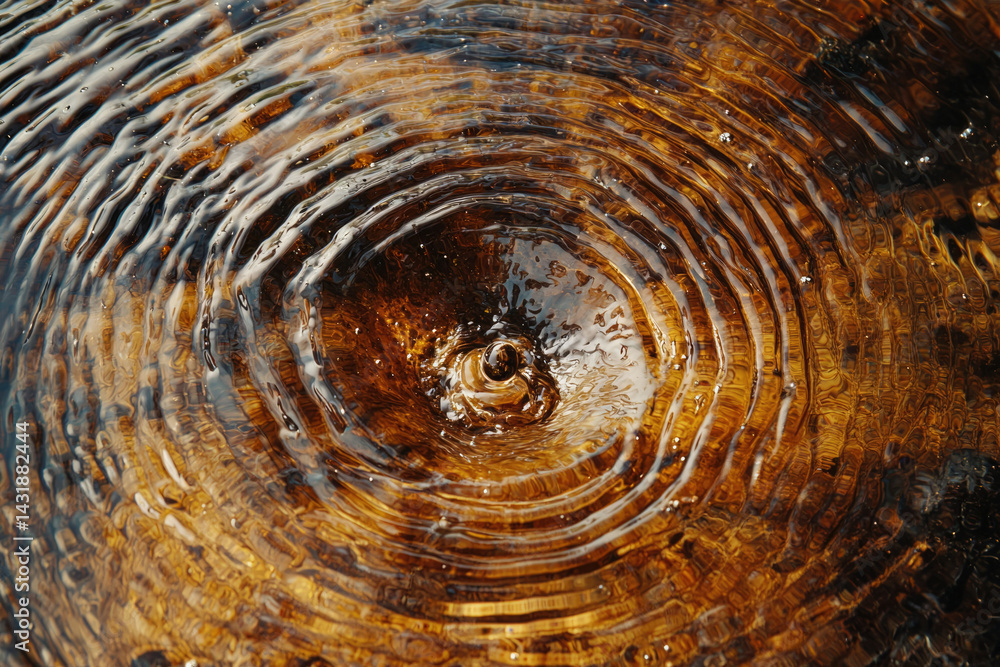 Aufkleber concentric ripples expanding from a central point in dark amber water, creating a mesmerizing patter