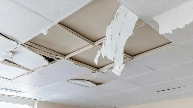 Damaged drop ceiling with cracked and missing tiles in a grid framework for interior design or repair concept, showcasing deterioration.