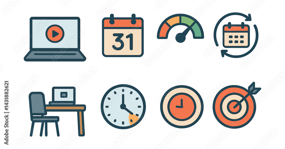 Aufkleber essential self-paced study tools icons set in for effective learning. vector icons
