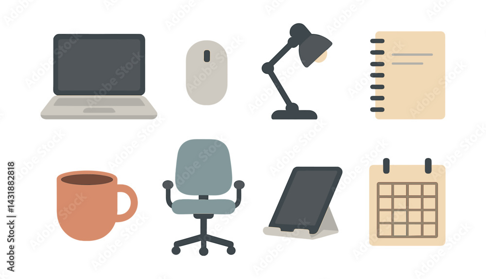 Poster online learning workspace icons set: flat style essentials for e-learning environments. vector icons