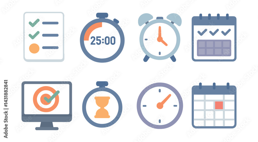 Poster essential online learning tools: icons set featuring timers, clocks, and checklists. vector icons