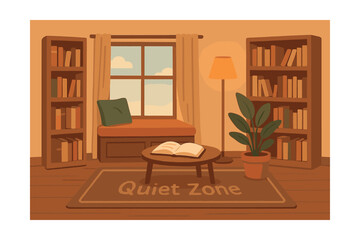 Cozy reading corner icons set: with books, reading nook, lamp, plant, and more. Vector icons