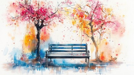 Vibrant watercolor painting of a park bench beneath blossoming trees.