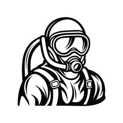 Outline Person in Gas Mask and Safety Gear, Isolated on White