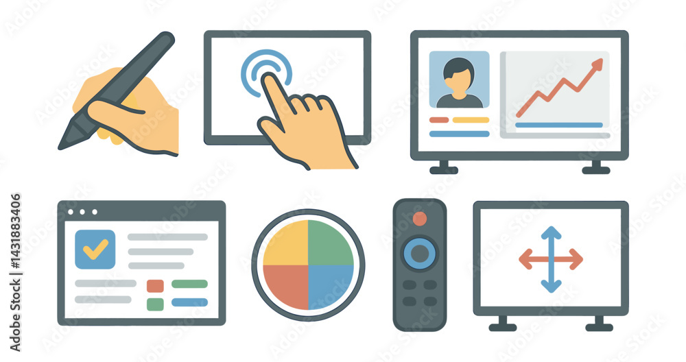 Aufkleber interactive classroom smartboard icons set - flat style with educational elements. vector icons