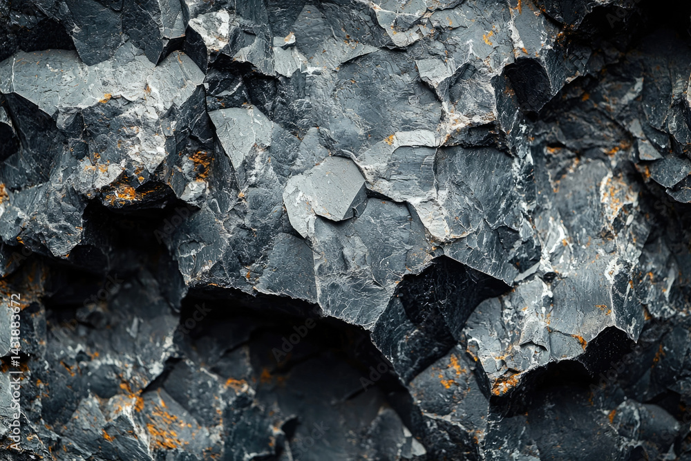 Poster Close-up view of a dark, rough, and textured rock surface with sharp, irregular edges and subtle orange mineral inclusions.