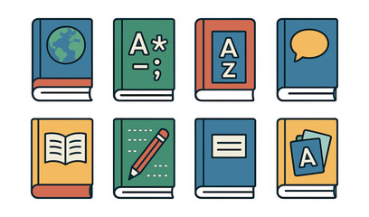 Comprehensive language learning icons set: books, speech, writing - flat style design. Vector icons