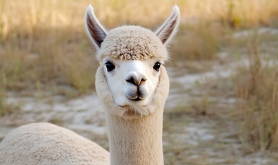 Fototapeta premium A Curious Cream Alpaca Stares Intently Across A Field Of Dry Grass, Peaceful Rural Scene of excellence