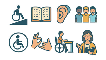 Inclusive education icons set - diverse learning and accessibility symbols in flat style. Vector icons